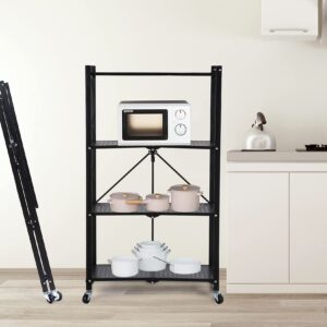 YSSOA HealSmart 4-Tier Heavy Duty Foldable Metal Rack Storage Shelving Unit with Wheels Moving Easily Organizer Shelves Great for Garage Kitchen, Black