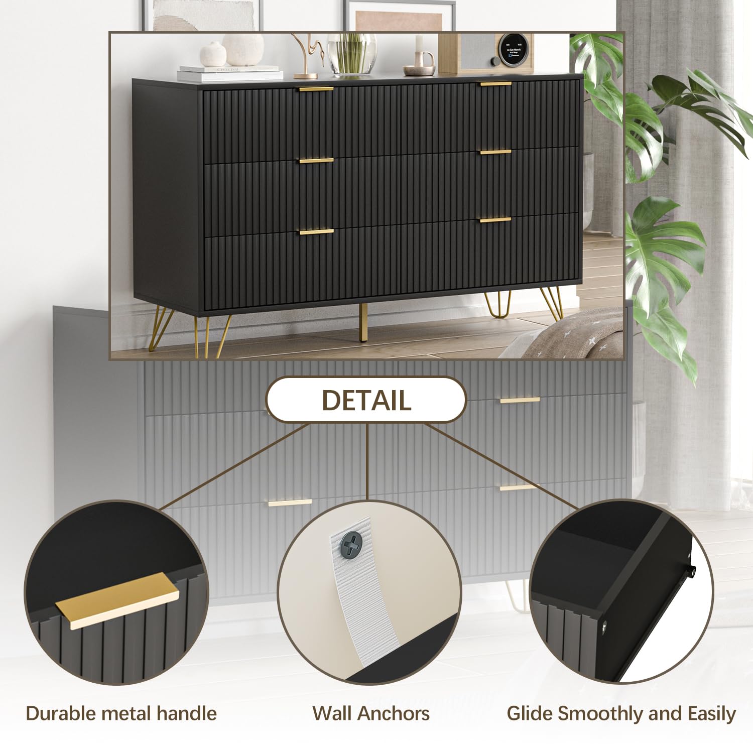 BVFUKA Black Dresser, Modern Dresser for Bedroom, 6 Drawer Dressers with Wide Drawers and Gold Handles, Storage Chest of Drawers