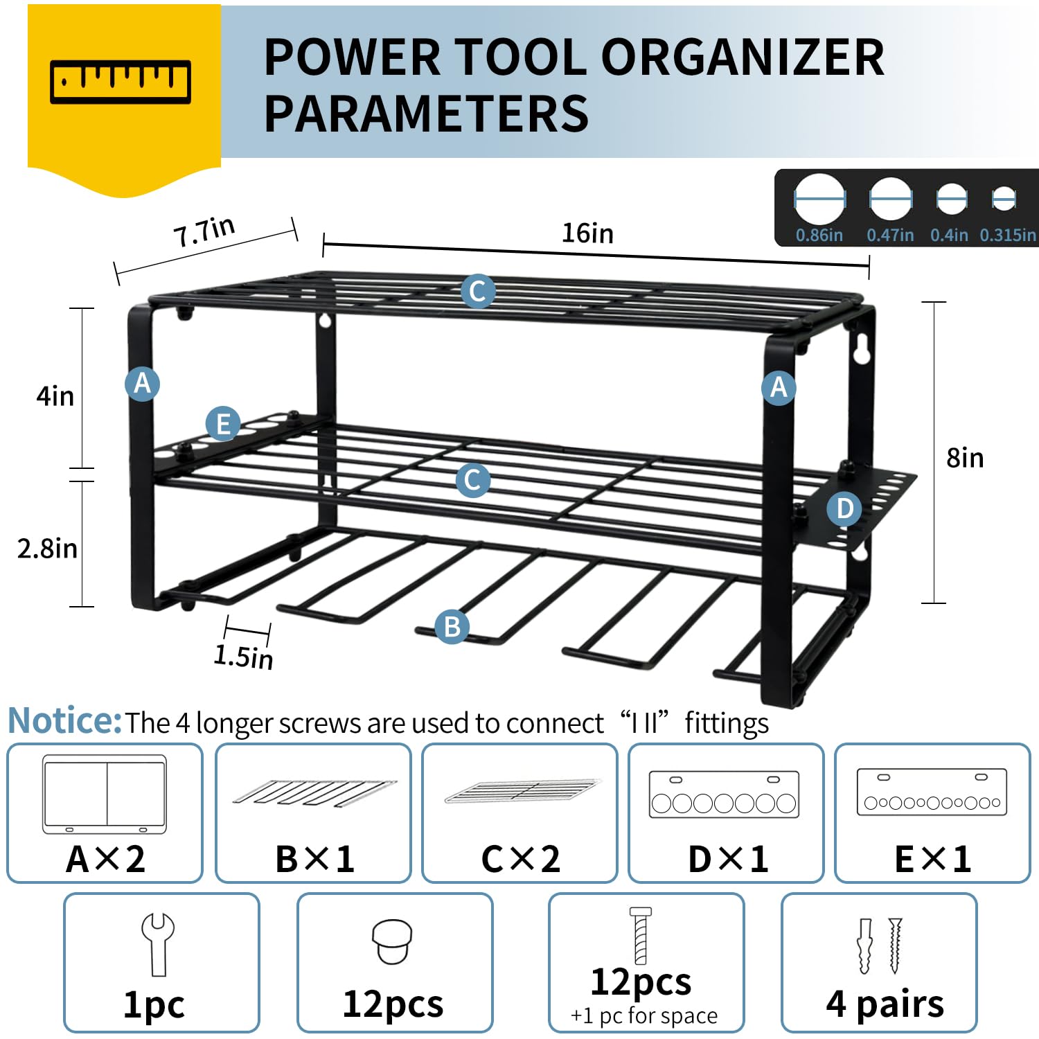 VDHU Power Tool Organizer Wall Mount,Utility Racks,Heavy Duty Drill Holder,3 Layers Storage Rack with 4 Drill Holders,Garage Tool Organizer and Storage Ideal for Tool Room,Workshop,Garage