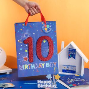 Loveinside Birthday Blue Gift Bag with Tissue Paper, Gift Tag and Greeting Card for 10th Boy Birthday, Party, Baby Shower and More - 10" x 5" x 13", 1 Pcs - 10th Birthday