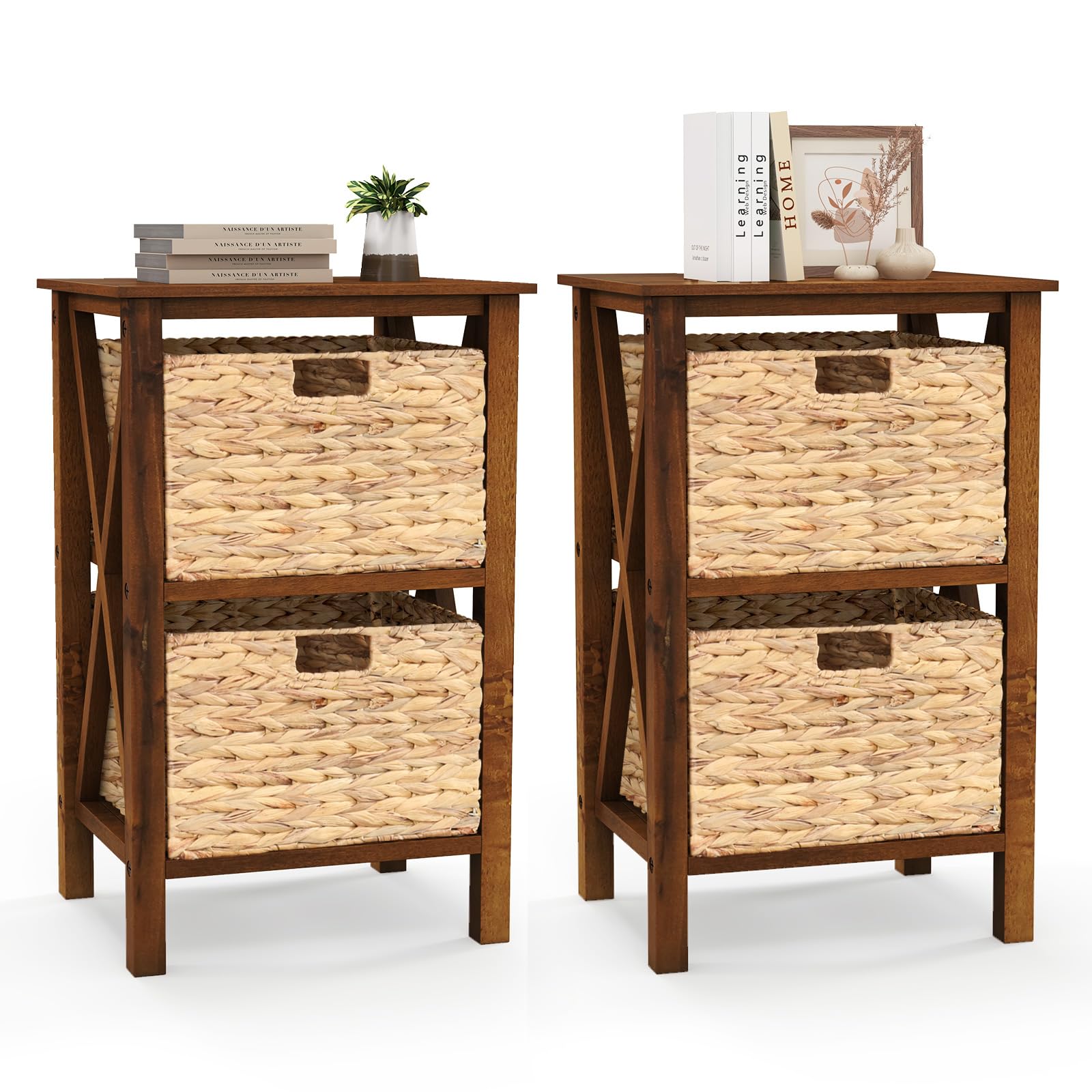 Giantex 2-Tier Nightstand with Wicker Baskets Set of 2, Wooden X-Design Side Table End Table, Beside Table with Acacia Wood Legs, Mid Century Accent Storage Cabinet for Small Spaces, Bedroom, Walnut