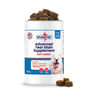 sparktek tear stain soft chew supports dogs eye care enhanced with lutein omega-6 omega-3 cranberry extract helps eliminate tear stains lubricates eyes and supports immune system from allergies