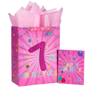 loveinside birthday pink gift bag with tissue paper, gift tag and greeting card for 7th girl birthday, party, baby shower and more - 10" x 5" x 13", 1 pcs - 7th birthday