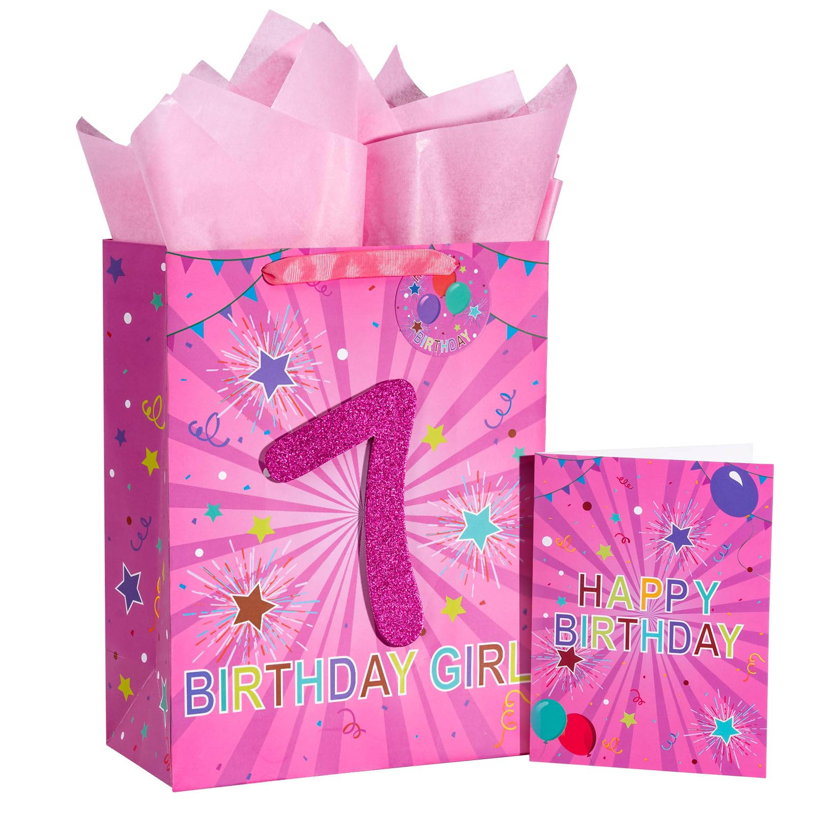 Loveinside Birthday Pink Gift Bag with Tissue Paper, Gift Tag and Greeting Card for 7th Girl Birthday, Party, Baby Shower and More - 10" x 5" x 13", 1 Pcs - 7th Birthday