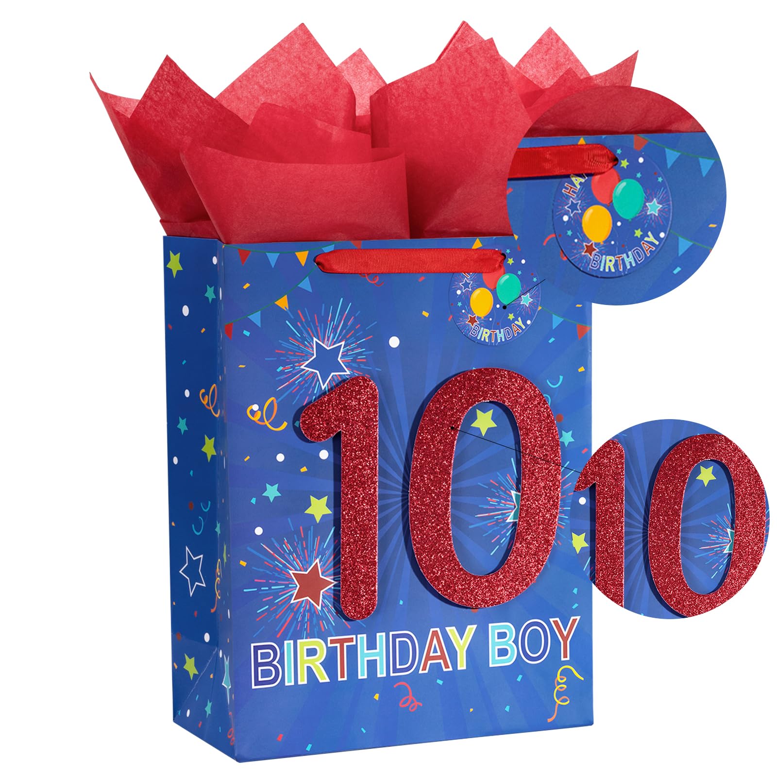 Loveinside Birthday Blue Gift Bag with Tissue Paper, Gift Tag and Greeting Card for 10th Boy Birthday, Party, Baby Shower and More - 10" x 5" x 13", 1 Pcs - 10th Birthday