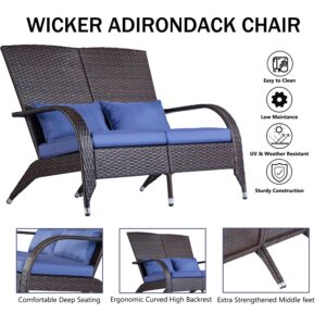 Outdoor Patio Wicker Adirondack Loveseat Bench Outside Small Loveseat Sofa Couch Rattan Fire Pit Chairs Comfy Patio Chair Low Deep Seating High Back with Ottoman Cushion for Porch Backyard Deck Navy