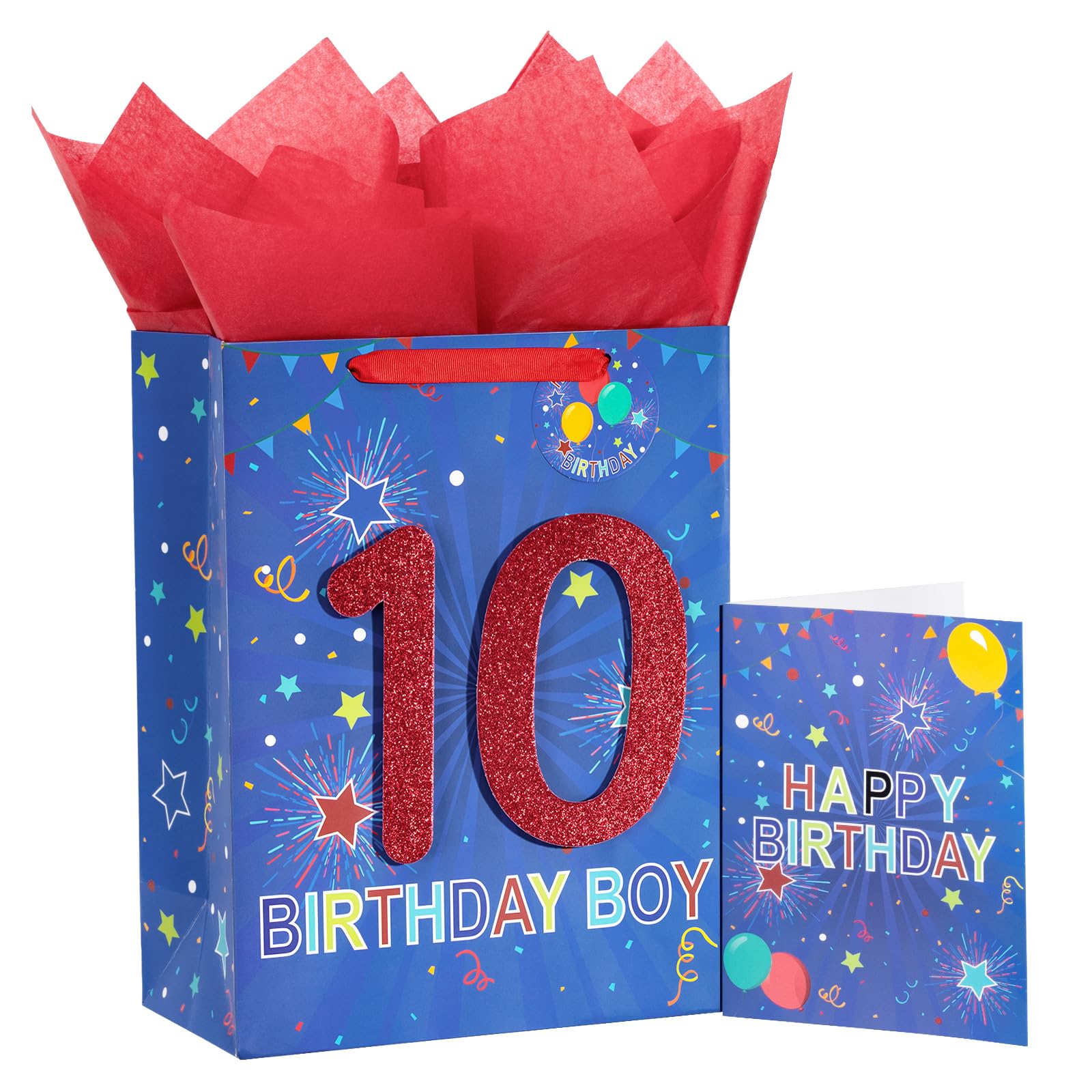 Loveinside Birthday Blue Gift Bag with Tissue Paper, Gift Tag and Greeting Card for 10th Boy Birthday, Party, Baby Shower and More - 10" x 5" x 13", 1 Pcs - 10th Birthday