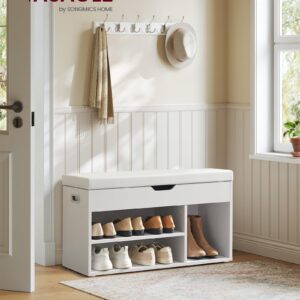 VASAGLE Storage Bench with Cushion, Shoe Bench with Padded Seat, 3 Compartments, Hidden Storage, Shelves, Hallway Bedroom, Load Capacity 330 lb, 11.8 x 31.5 x 17.3 Inches, Cloud White