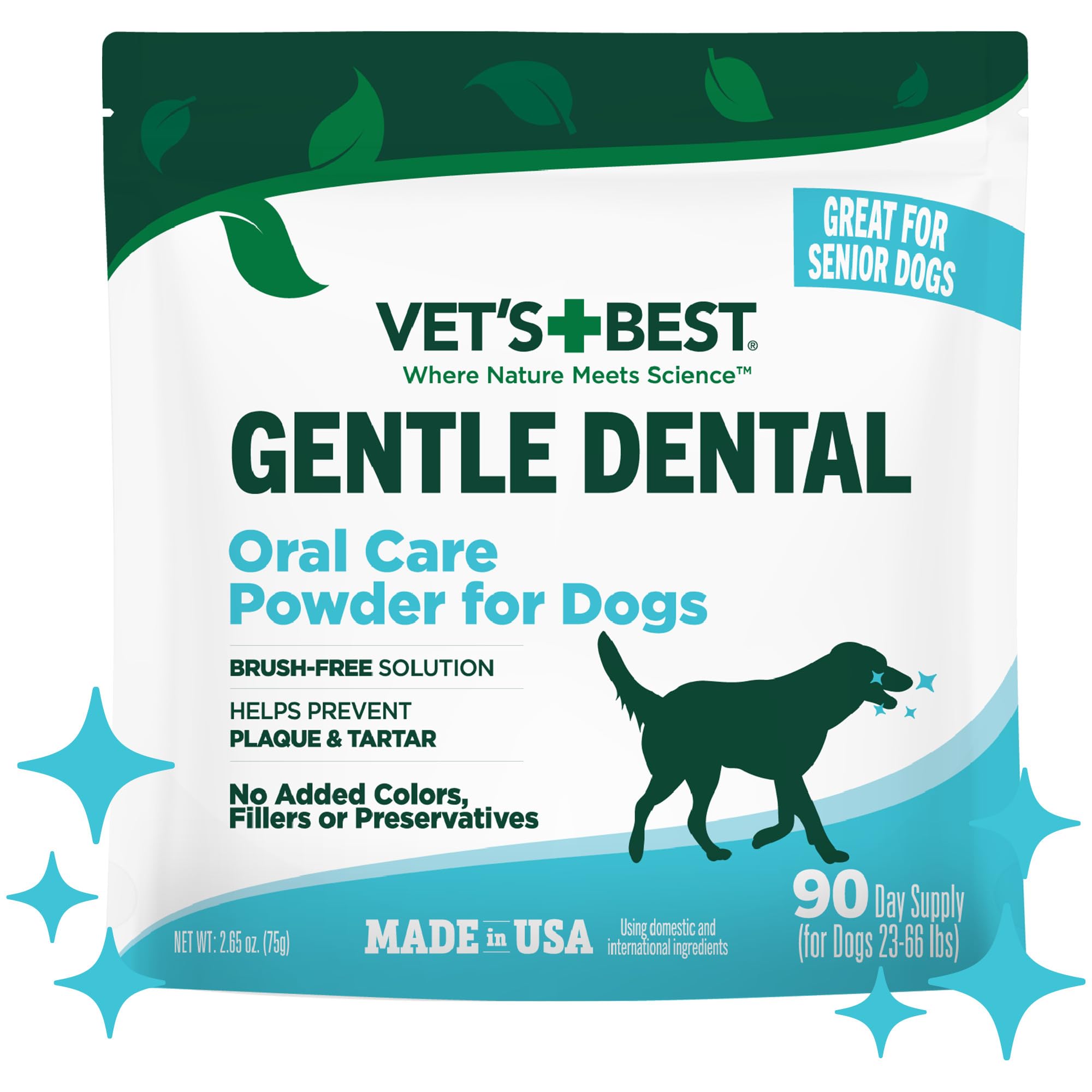 Vet’s Best Dental Powder for Dogs – Brush-Free Solution – Prevent Plaque & Tartar – Made with Natural Brown Seaweed & Brewer’s Yeast – Dog Teeth Cleaning Powder – 90 Day Supply (for 23-66lb Dogs)