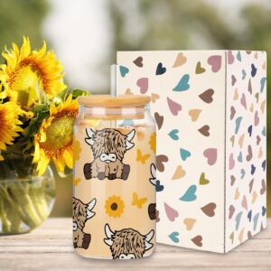 Whaline Highland Cow Iced Coffee Cup with Gift Box Brown Cow Sunflower Drinking Glasses Cute Beer Can Glass with Lid Straw Cleaning Brush for Home Office Women Gifts,16oz