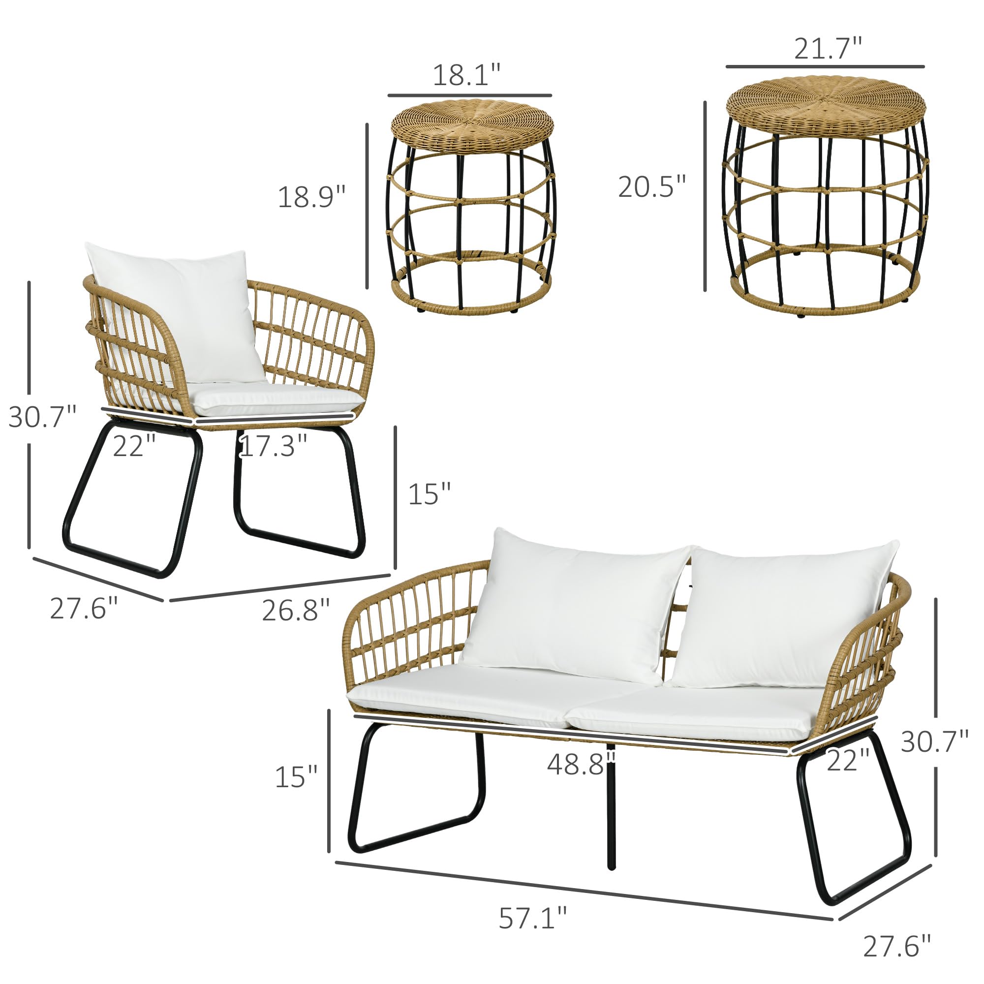 Outsunny 5 Piece PE Rattan Outdoor Furniture Set with Cushioned Chairs & Loveseat Sofa, Patio Sectional Furniture Set, Conversation Sofa Set with Stackable Coffee Tables, Cream White