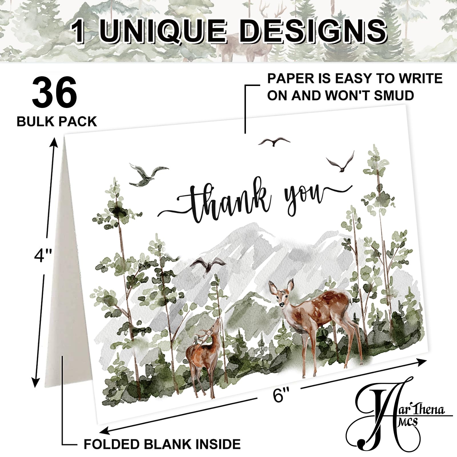 JarThenaAMCS 36 Pack Forest Thank You Cards Bulk Watercolor Woodland Elk Deer Thank You Blank Note Cards with Envelopes Stickers for Baby Shower Birthday Wedding