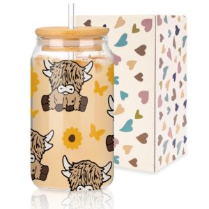 whaline highland cow iced coffee cup with gift box brown cow sunflower drinking glasses cute beer can glass with lid straw cleaning brush for home office women gifts,16oz