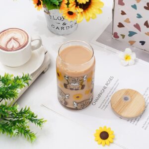 Whaline Highland Cow Iced Coffee Cup with Gift Box Brown Cow Sunflower Drinking Glasses Cute Beer Can Glass with Lid Straw Cleaning Brush for Home Office Women Gifts,16oz