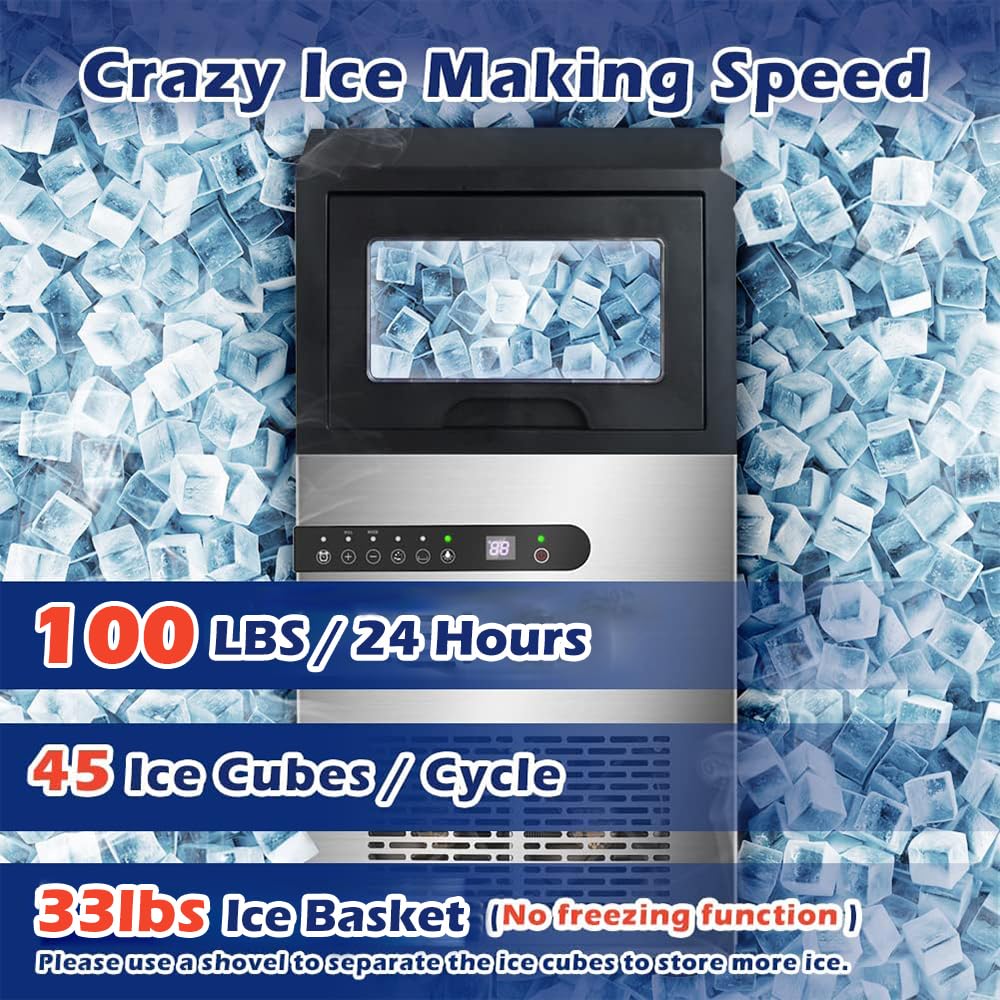 Kikihuose Commercial Ice Maker Machine, 100Lbs/24H Ice Production Under Counter Ice Maker, Tap Water & Top Loading Freestanding Ice Machine, 45 Ice Cubes/Cycle, Include Ice Scoop, Connection Hose