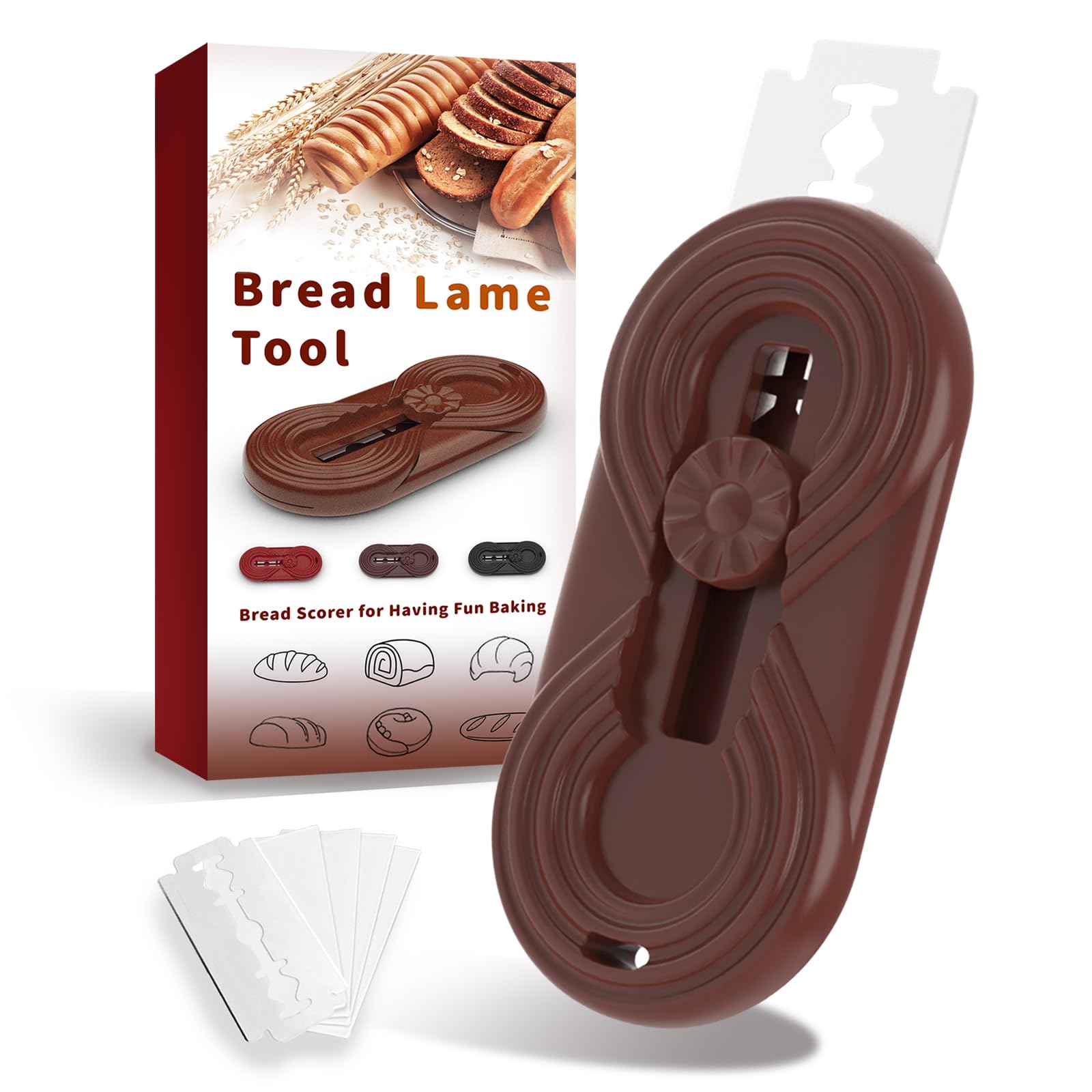 Tuuwhiz Bread Lame Dough Scoring Tool,Sourdough Bread Baking Supplies with Magnetic to Storage,Exquisite Design Bread Scorer Tool for Homemade Bread Baking Include 5 Razor Blades (Brown, Circular)