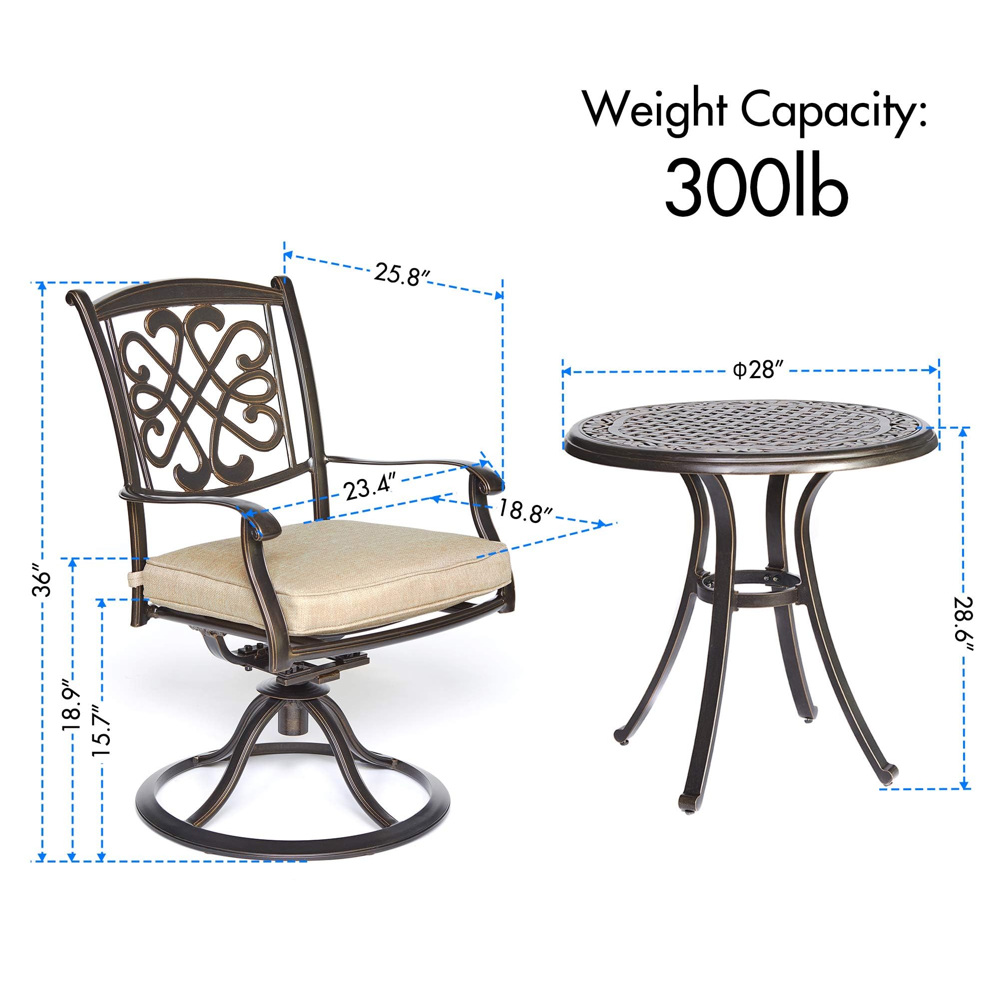 CASUAL WORLD 3 Piece Aluminum Outdoor Bistro Set, 2 Cushioned Swivel Rocker Chairs and Cast Aluminum Patio Dining Table, Weather-Resistant Patio Furniture Set for Backyard, Patio, Lawn, Garden