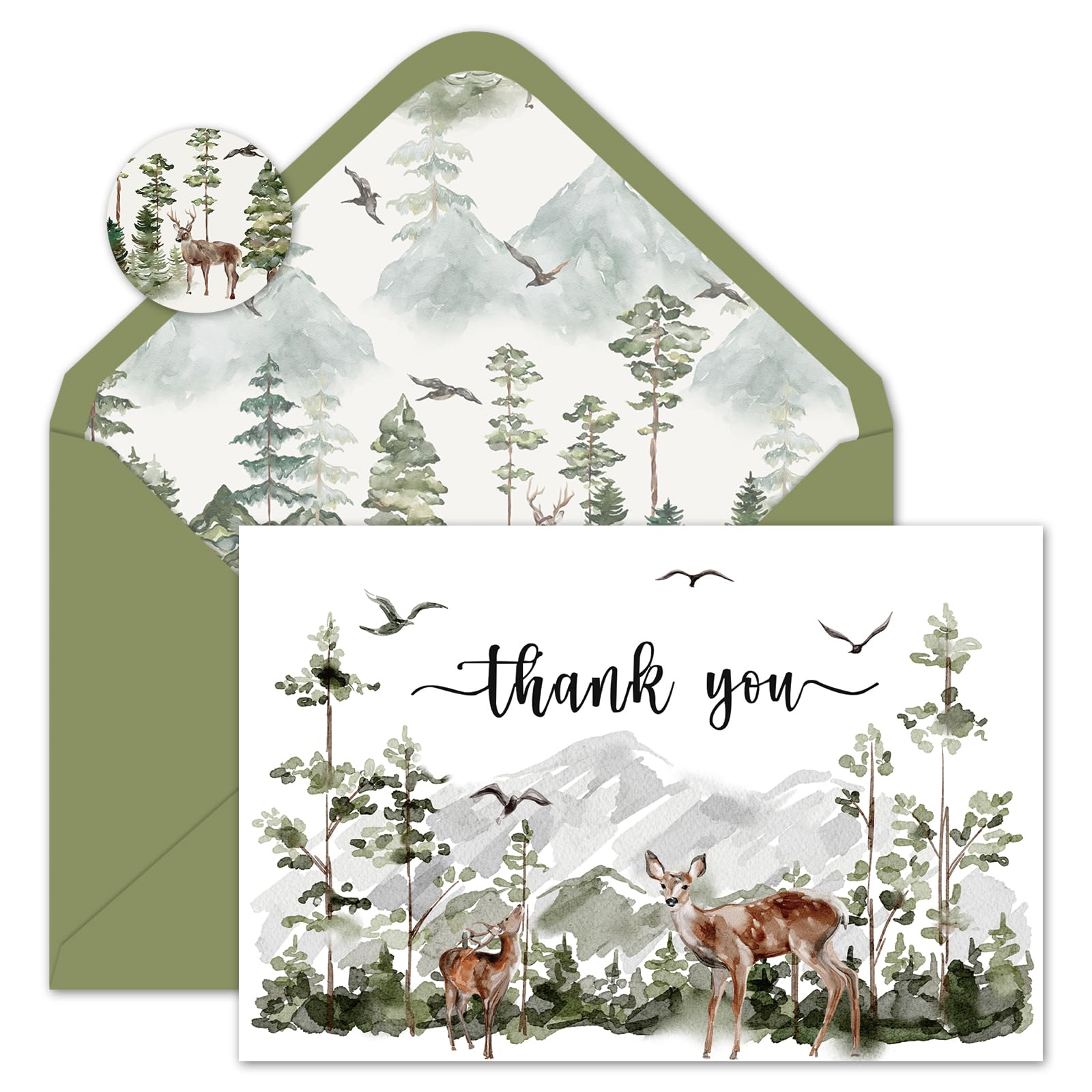 JarThenaAMCS 36 Pack Forest Thank You Cards Bulk Watercolor Woodland Elk Deer Thank You Blank Note Cards with Envelopes Stickers for Baby Shower Birthday Wedding