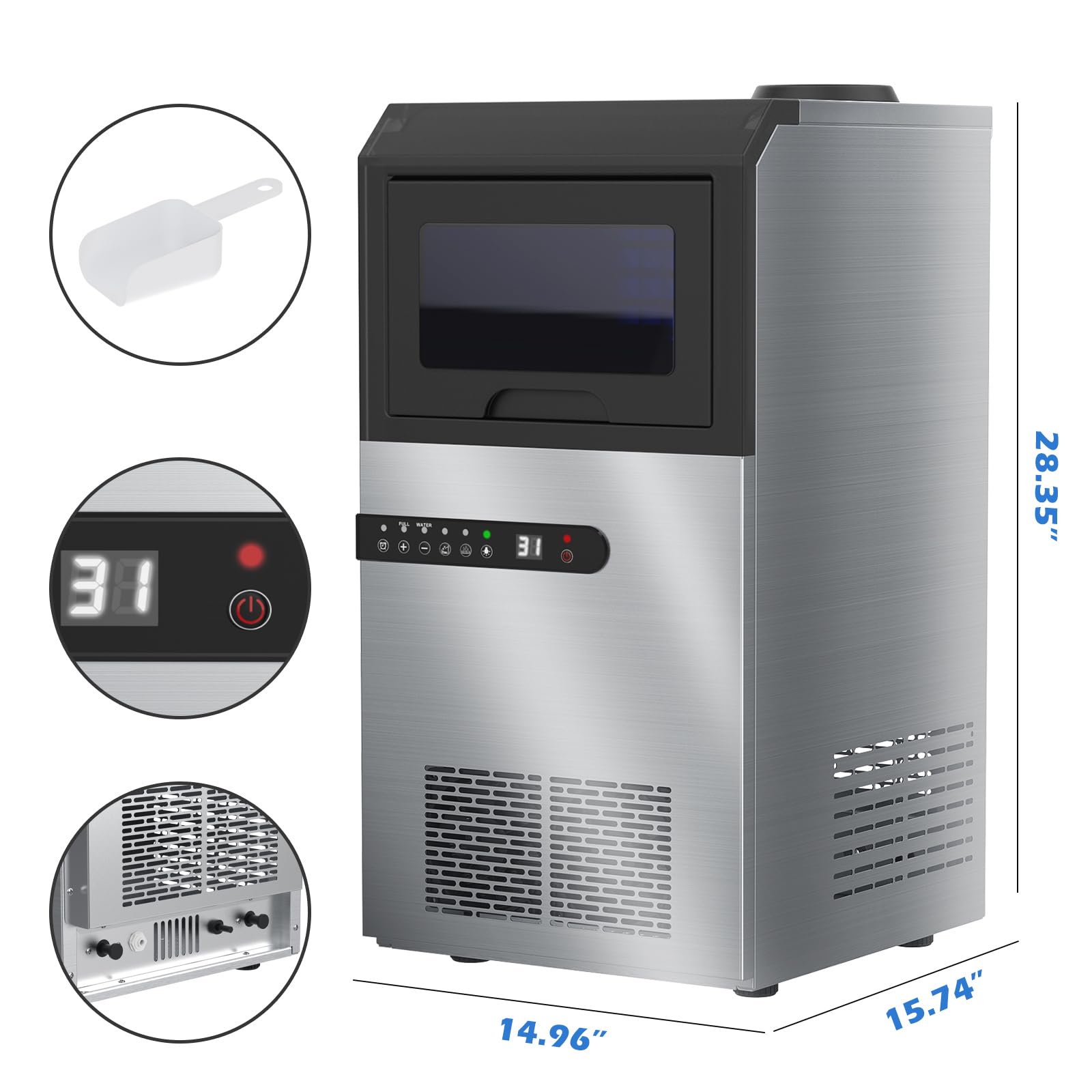 Kikihuose Commercial Ice Maker Machine, 100Lbs/24H Ice Production Under Counter Ice Maker, Tap Water & Top Loading Freestanding Ice Machine, 45 Ice Cubes/Cycle, Include Ice Scoop, Connection Hose