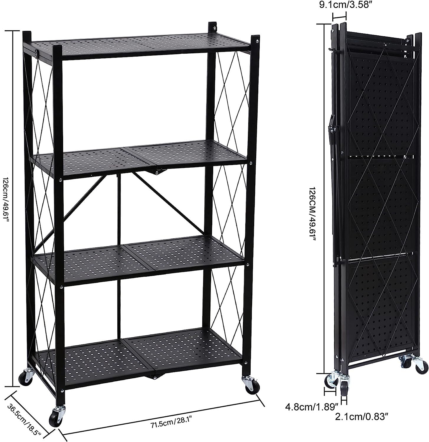 YSSOA HealSmart 4-Tier Heavy Duty Foldable Metal Rack Storage Shelving Unit with Wheels Moving Easily Organizer Shelves Great for Garage Kitchen, Black