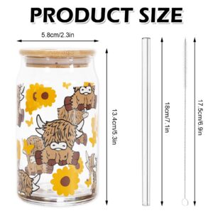 Whaline Highland Cow Iced Coffee Cup with Gift Box Brown Cow Sunflower Drinking Glasses Cute Beer Can Glass with Lid Straw Cleaning Brush for Home Office Women Gifts,16oz