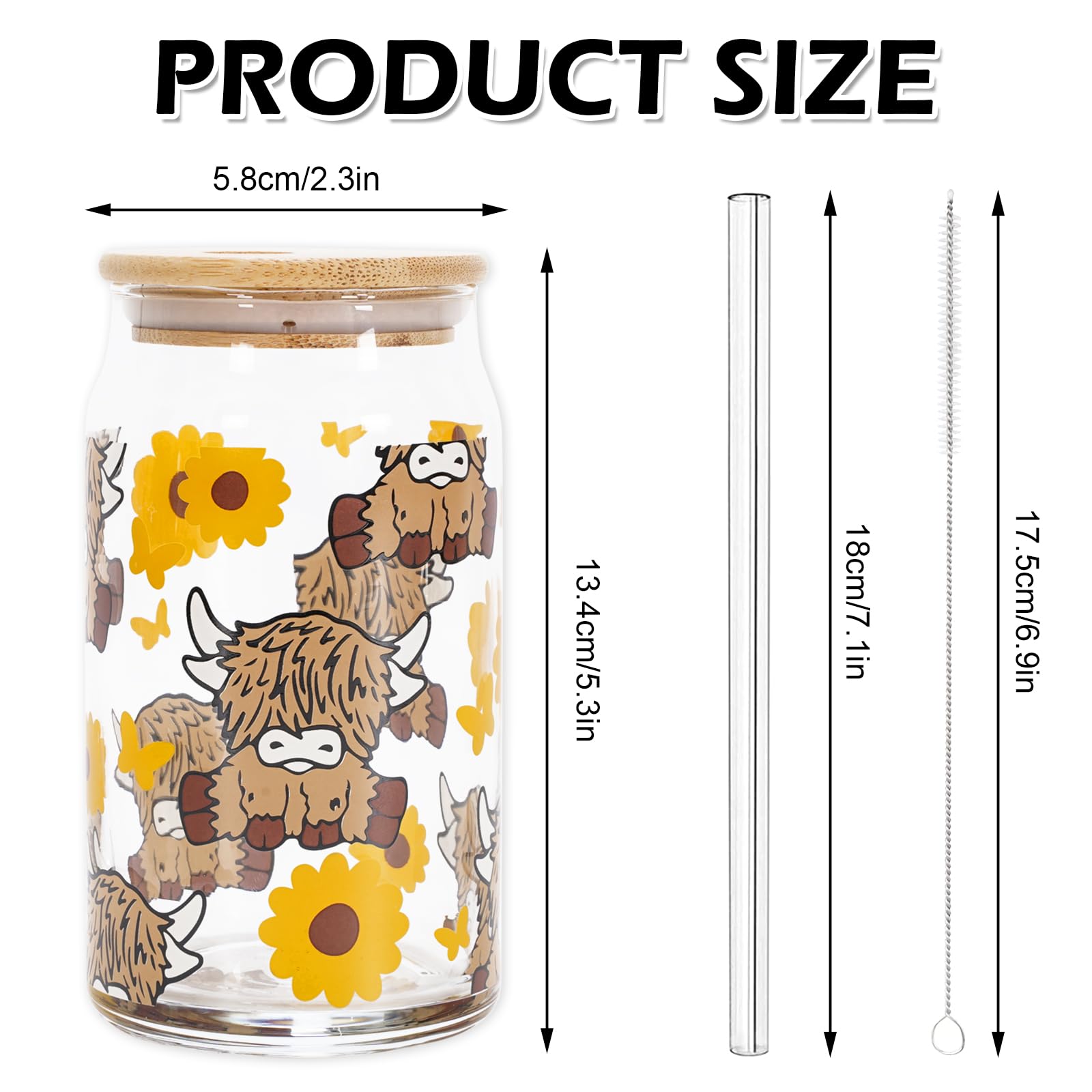 Whaline Highland Cow Iced Coffee Cup with Gift Box Brown Cow Sunflower Drinking Glasses Cute Beer Can Glass with Lid Straw Cleaning Brush for Home Office Women Gifts,16oz