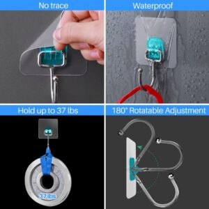 Antimbee 10-Pack Large Adhesive Hooks,Heavy Duty Adhesive Hooks 37 lb(Max),Sticky Wall Hooks fit Home,Bathroom,Kitchen,Office and Outdoor (Transparent Cyan)