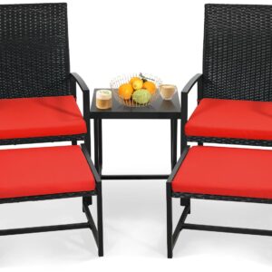 Murago 5 Pieces Wicker Patio Conversation Sets, Rattan Furniture Set with Coffee Table and 2 Ottomans, Ideal for Porch, Garden, Yard, Poolside, Black Rattan with Red Cushion