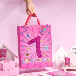 Loveinside Birthday Pink Gift Bag with Tissue Paper, Gift Tag and Greeting Card for 7th Girl Birthday, Party, Baby Shower and More - 10" x 5" x 13", 1 Pcs - 7th Birthday