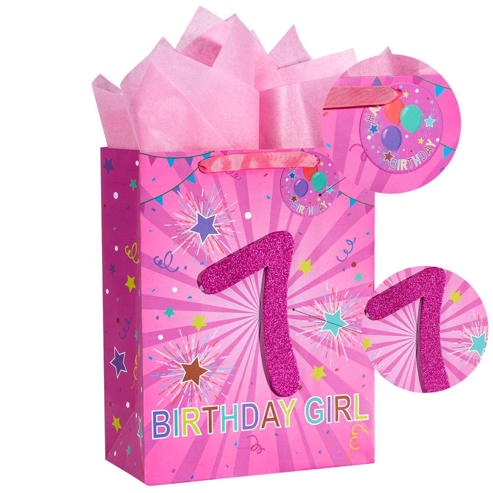 Loveinside Birthday Pink Gift Bag with Tissue Paper, Gift Tag and Greeting Card for 7th Girl Birthday, Party, Baby Shower and More - 10" x 5" x 13", 1 Pcs - 7th Birthday