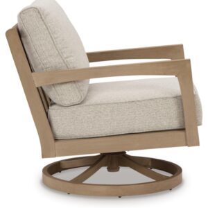 Signature Design by Ashley Hallow Creek Cottage Weather Resistant Outdoor Swivel Lounge with Cushion, Light Brown & Beige