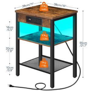 HOOBRO End Table with Charging Station and LED Lights, Small Side Table with Storage Shelves, 3-Tier LED Nightstand for Small Space in Living Room, Bedroom, Rustic Brown BF112UDBZ01