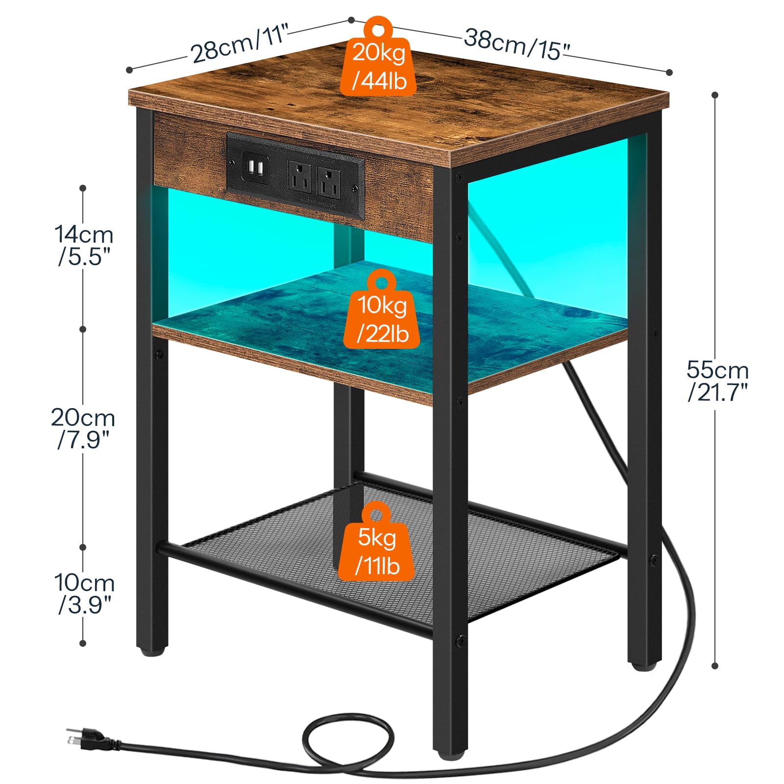 HOOBRO End Table with Charging Station and LED Lights, Small Side Table with Storage Shelves, 3-Tier LED Nightstand for Small Space in Living Room, Bedroom, Rustic Brown BF112UDBZ01