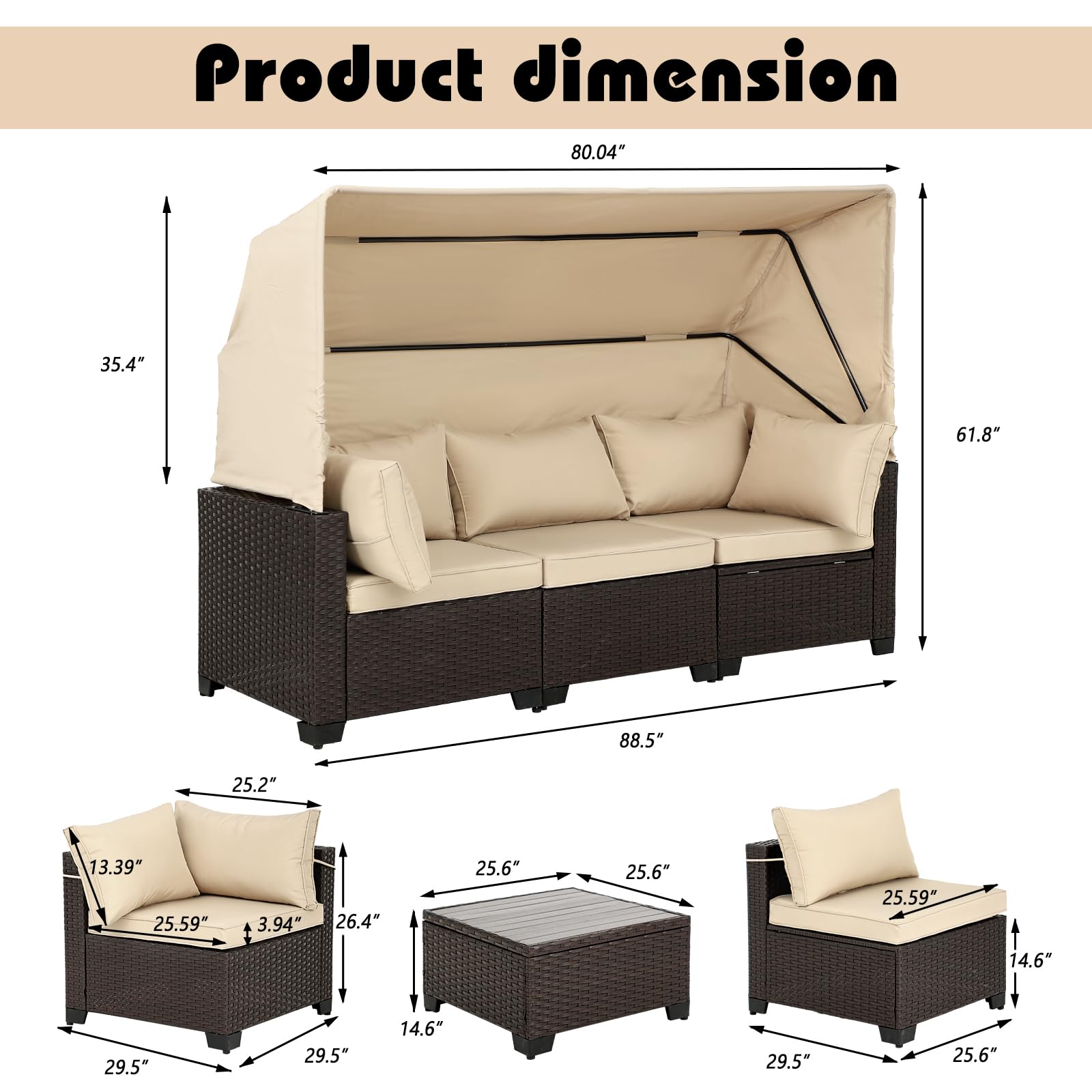 TITIMO 6 Pieces Patio Furniture Set Outdoor Conversation Set Daybed with Retractable Canopy, Patio Sectional Rattan Sofa Set with Adjustable Backrest for Poolside Backyard (Beige) (Beige)