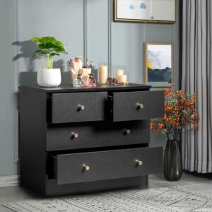 Karl home Black 4 Drawer Dresser for Bedroom, Modern Tall Wood Dressers Chest of Drawers, Wardrobe Storage for Kids, 10 Inch Deep Drawers, Anti Tripping Device, Durable Slide, Living Room