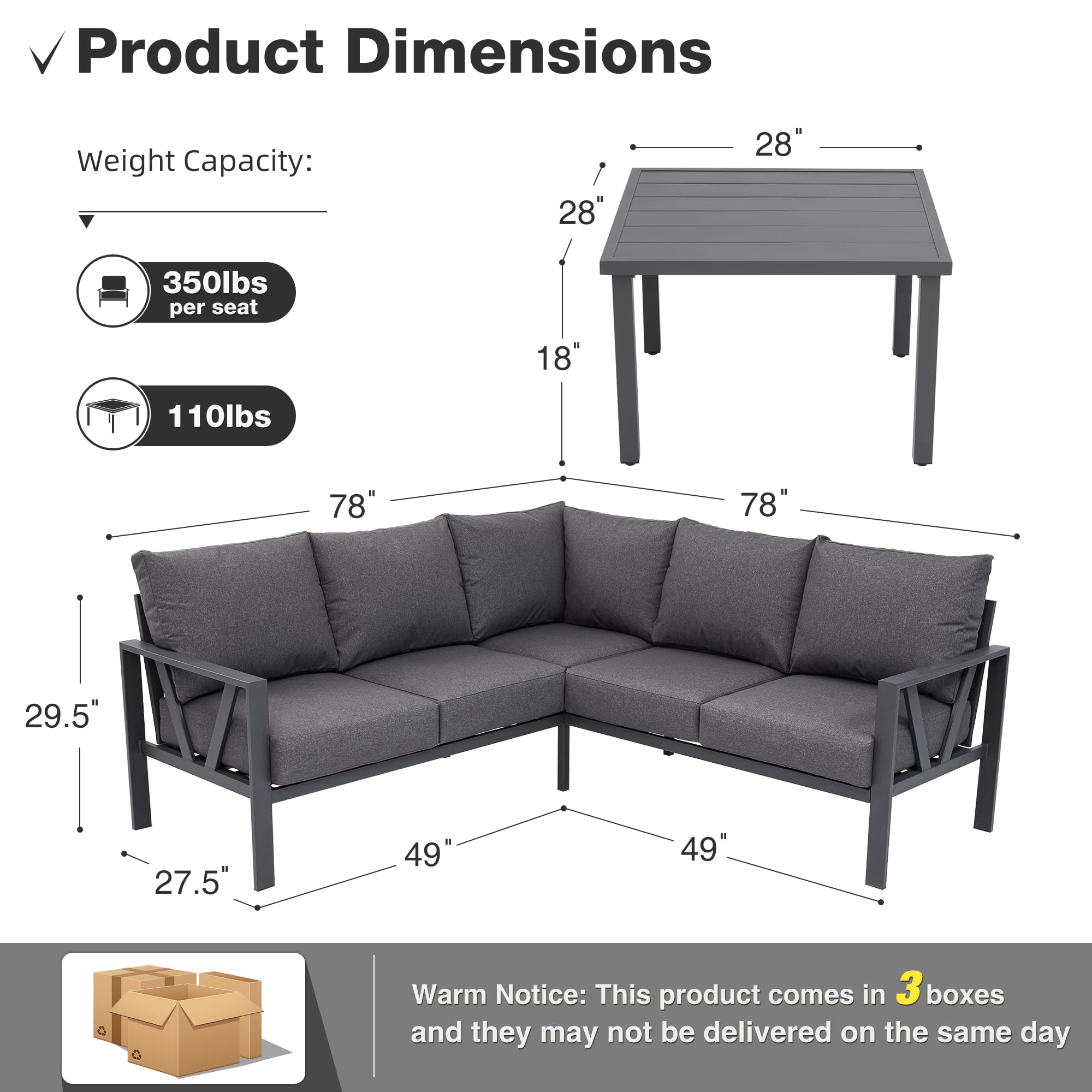 COMLAX FIELD Patio Furniture Set, 6 Pieces Outdoor Couch Sectional, L Shaped Patio Sofa, Metal Patio Couch Sectional with Side Table, Outdoor Seating Conversation Set, Grey