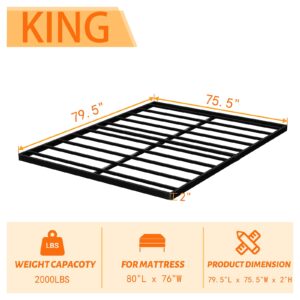 Askeld King Bunkie-Board Only, 2 Inch Low Box-Spring with Steel Slats, Quick Lock Metal Frame Bed-Slat Replacement, Noise Free Mattress Surpoort Base, Upholstered Bed Accessories, Black