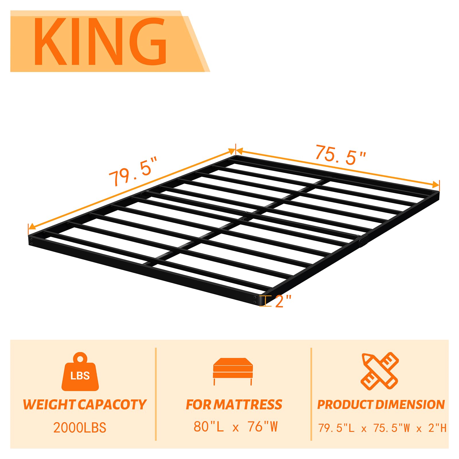 Askeld King Bunkie-Board Only, 2 Inch Low Box-Spring with Steel Slats, Quick Lock Metal Frame Bed-Slat Replacement, Noise Free Mattress Surpoort Base, Upholstered Bed Accessories, Black