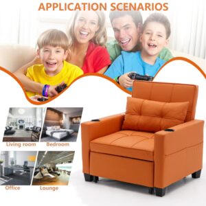 3-in-1 Convertible Sofa Bed Sleeper Chair, Leather Upholstered Pull Out Sleeper Chair with Adjustable Backrest, USB Ports, Cup Holders & Side Pockets for Living Room Apartment Small Space, Orange