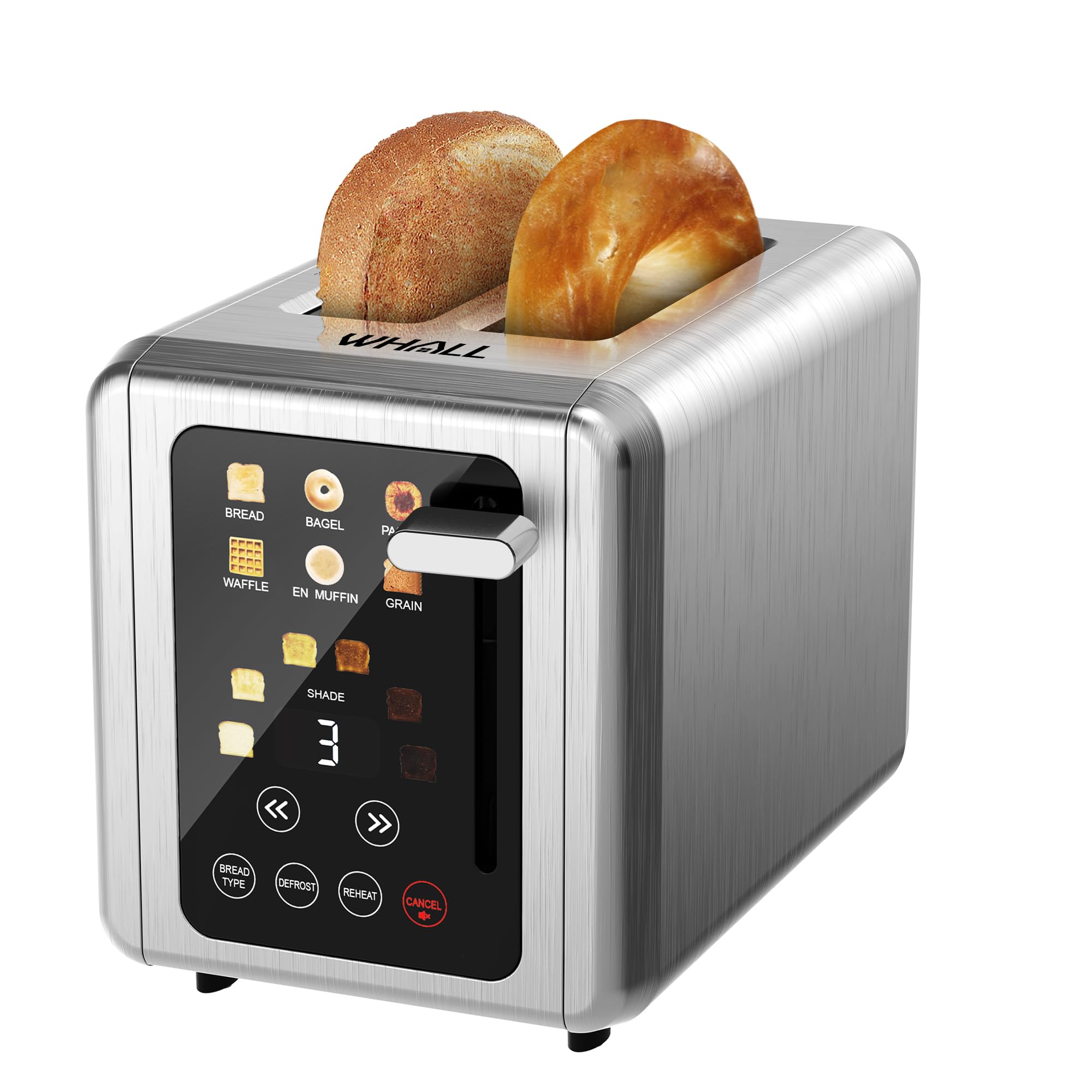 WHALL Touch Screen Toaster 2 Slice, Stainless Steel Digital Timer Toaster, 6 Bread Types & 6 Shade Settings, Smart Extra Wide Slots Toaster With Bagel, Cancel, Defrost Functions