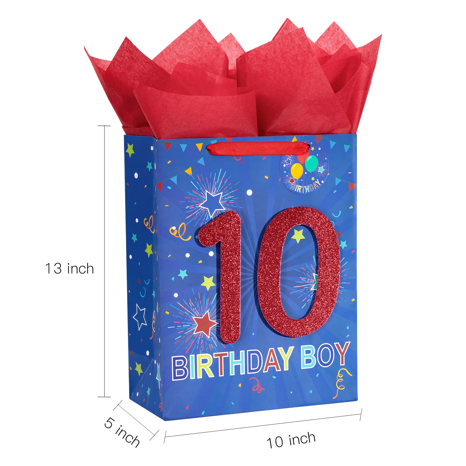 Loveinside Birthday Blue Gift Bag with Tissue Paper, Gift Tag and Greeting Card for 10th Boy Birthday, Party, Baby Shower and More - 10" x 5" x 13", 1 Pcs - 10th Birthday