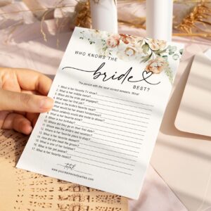 Your Main Event Prints 50 Pack of Bridal Shower Games, How Well Do You Know The Couple and Who Knows The Bride Best, Floral Modern Minimalistic Design.