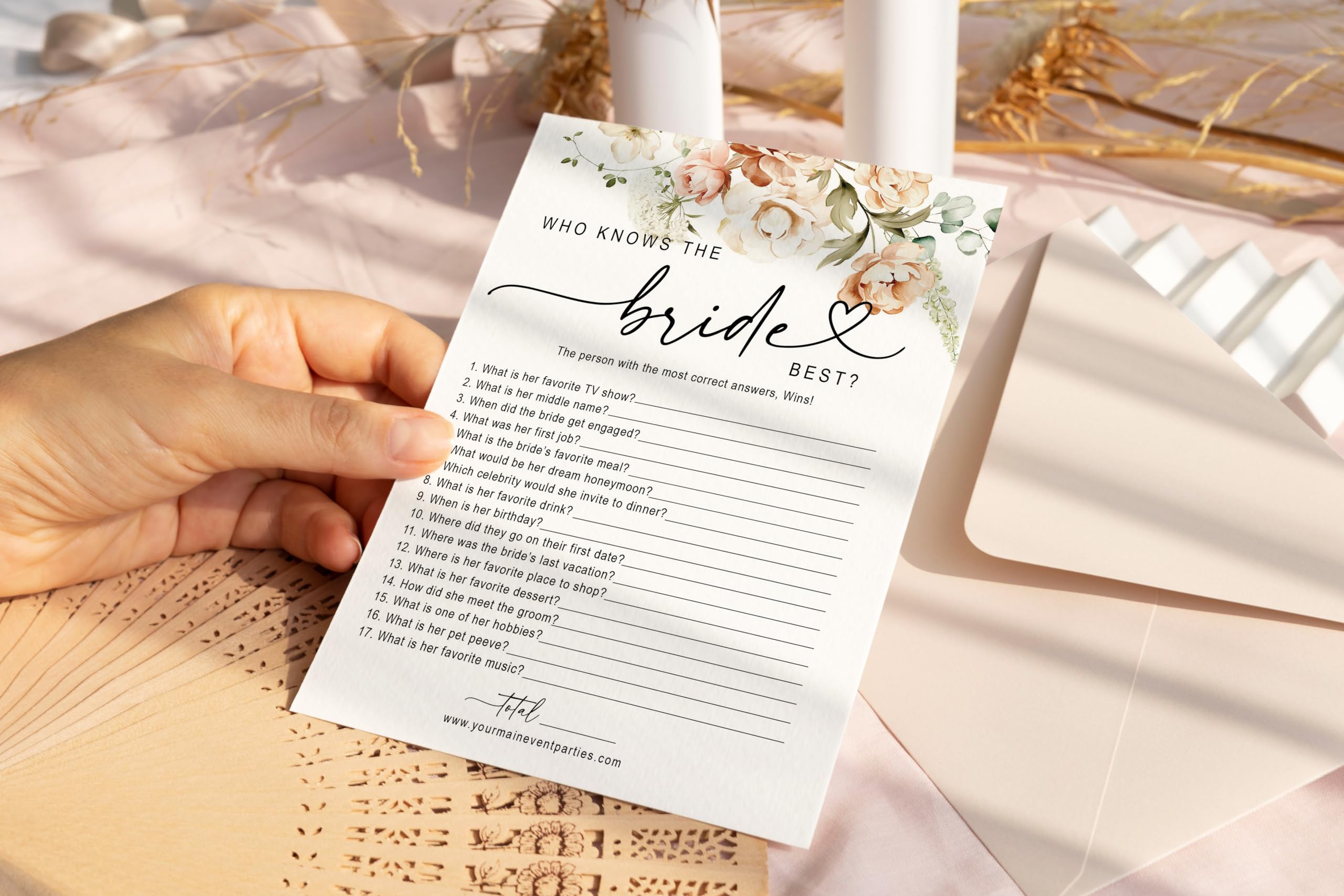 Your Main Event Prints 50 Pack of Bridal Shower Games, How Well Do You Know The Couple and Who Knows The Bride Best, Floral Modern Minimalistic Design.