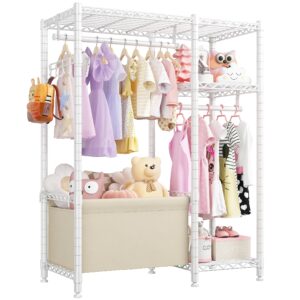 raybee small clothes rail for bedroom, clothes rack with storage basket, petite portable hanging rails for clothes with shelves, 55.1" h * 37.8" w * 13.4" d, white