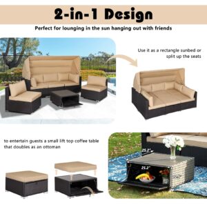 TITIMO 6 Pieces Patio Furniture Set Outdoor Conversation Set Daybed with Retractable Canopy Patio Sectional Rattan Sofa Set W/Adjustable Backrest and Table for Poolside (Brown)