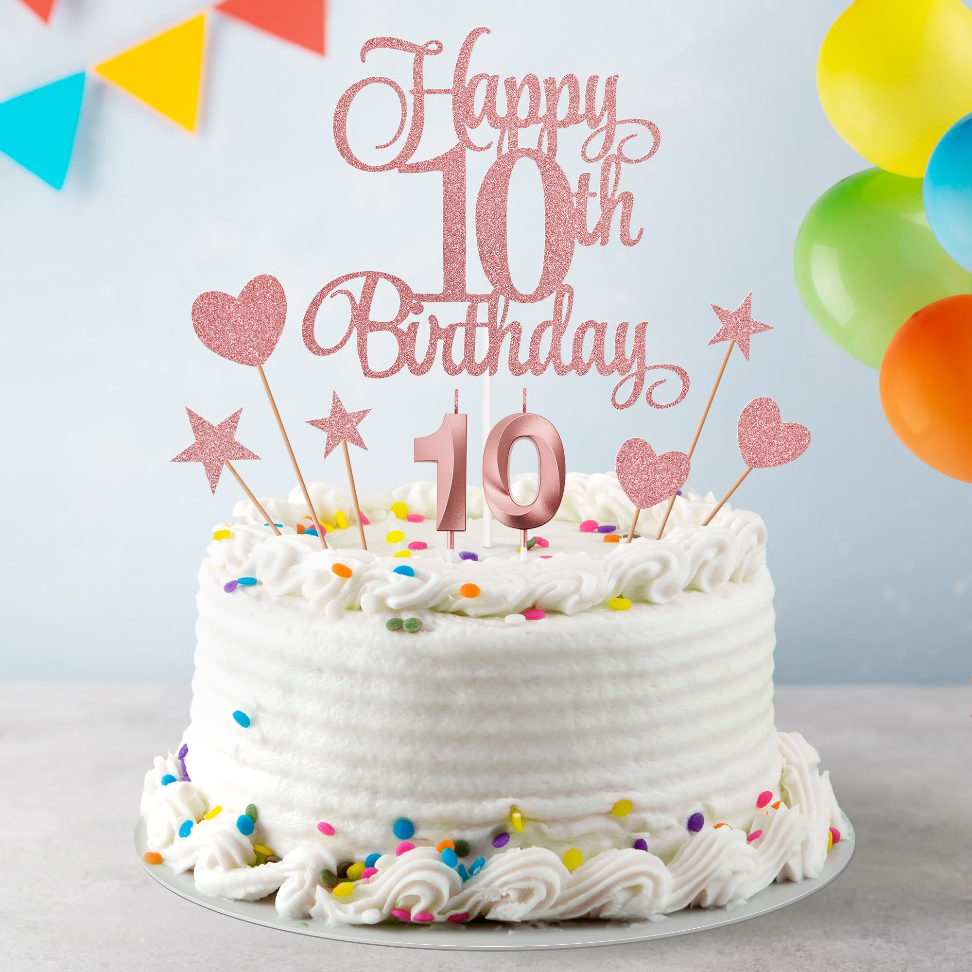 Lecferrarc 10th Birthday Cake Decorations, 10th Birthday Candles Cake Numeral Candles and Glitter Happy 10th Birthday Cake Toppers Set for Birthday Party Supplies (Rose Gold)