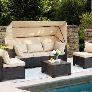 TITIMO 6 Pieces Patio Furniture Set Outdoor Conversation Set Daybed with Retractable Canopy, Patio Sectional Rattan Sofa Set with Adjustable Backrest for Poolside Backyard (Beige) (Beige)