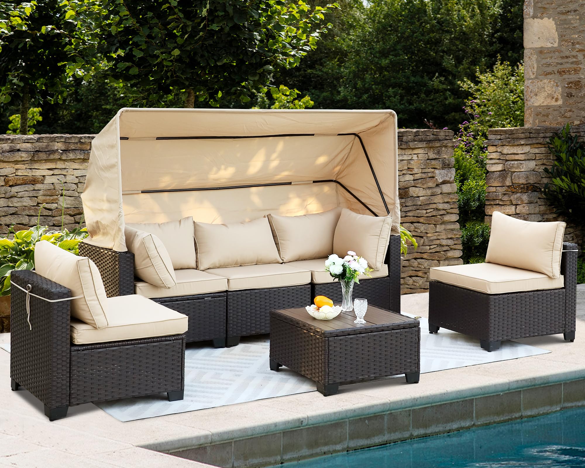 TITIMO 6 Pieces Patio Furniture Set Outdoor Conversation Set Daybed with Retractable Canopy, Patio Sectional Rattan Sofa Set with Adjustable Backrest for Poolside Backyard (Beige) (Beige)