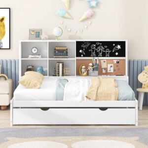 white full daybed with twin size trundle, usb ports and storage shelves, wood full size bed frame with blackboard, cork board and bookshelf, full sofa bed for living room bedrooms