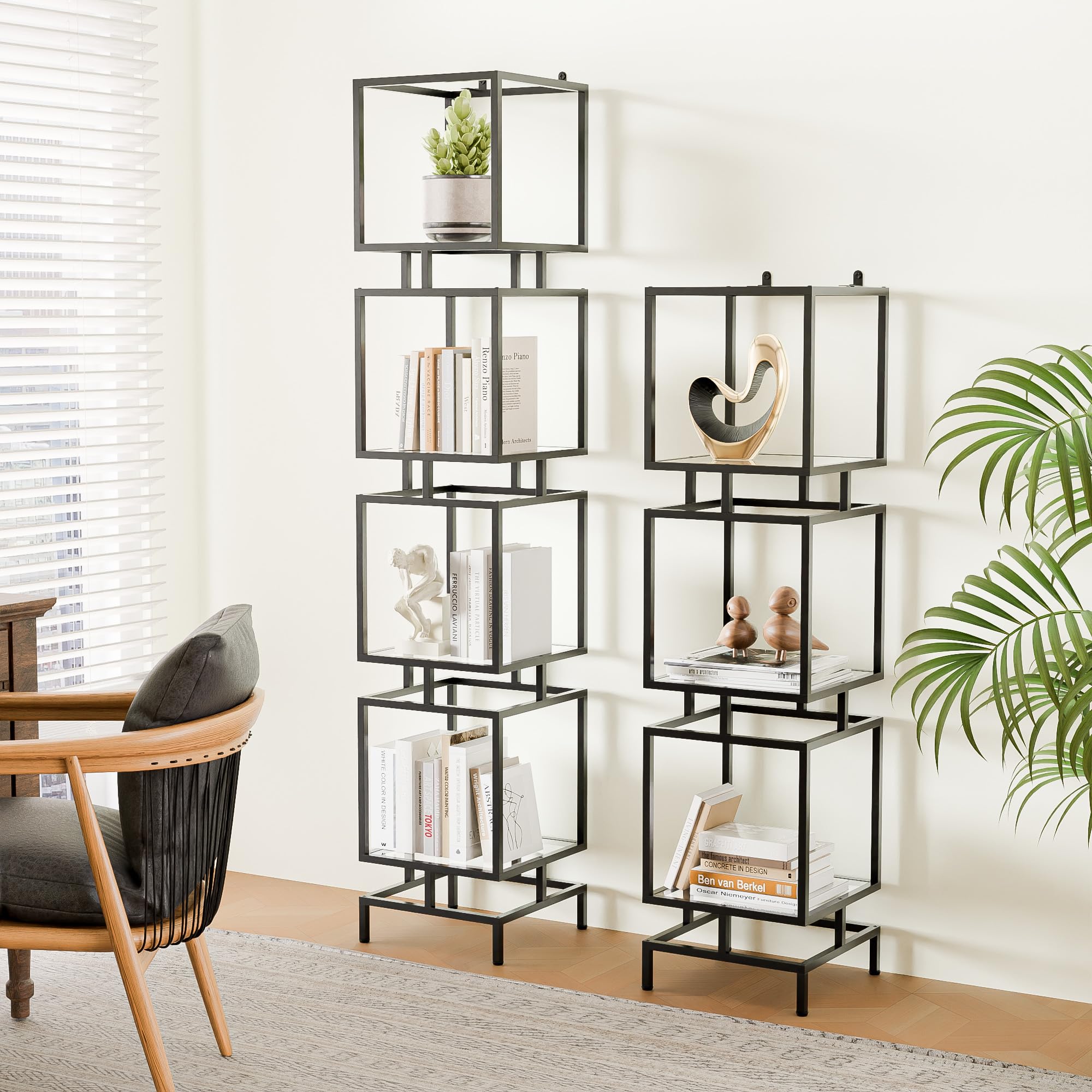 Cozy Castle Etagere Bookcase, 4-Tier Tall Bookshelf, 70.5" Slim Shelving Unit for Living Room, Home Office, Bathroom, Tempered Glass Display Cabinet, Black Metal Frame